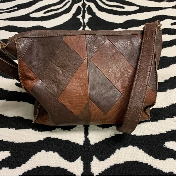LUCKY BRAND Brown Leather Patchwork Boho Slouchy Abbey Road Fold Over Bag - Picture 1 of 14